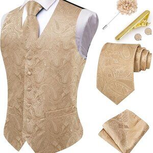 Mens Silk Paisley Waistcoat Vest for Men Set 7PCS Gold